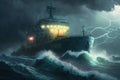 autonomous cargo ship navigating stormy seas, with lightning flashing in the distance Royalty Free Stock Photo