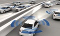 Autonomous cars on a road with visible connection Royalty Free Stock Photo