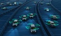 Autonomous cars on a road with visible connection, 3d Rendering Royalty Free Stock Photo