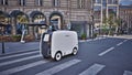 Autonomous delivery robot driverless on street, Smart vehicle technology concept, 3d render