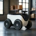 Autonomous delivery robot with four wheels in a warehouse environment setting Royalty Free Stock Photo