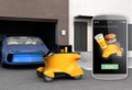 Autonomous delivery robot in front of the garage waiting for picking hamburge