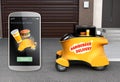 Autonomous delivery robot in front of the garage waiting for picking hamburger