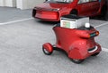 Autonomous delivery robot in front of the garage waiting for picking pizza