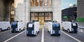 Autonomous delivery robot wait for orders in front of store, Smart logistics technology concept, 3d render