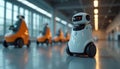 Autonomous delivery robots navigate indoor spaces, featuring white robot in foreground, orange robots in background. Ai-driven Royalty Free Stock Photo