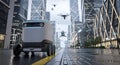 Autonomous delivery vehicles and drones navigating a futuristic Royalty Free Stock Photo