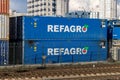Autonomous diesel-electric refrigerated containers Refagro at a railway container terminal in Moscow. Refrigerated food