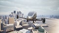 Autonomous driverless aerial vehicle fly across city, 3d render