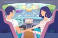Autonomous driving. Couple riding self-driving car. Driver keeping hands off the steering wheel inside a driverless electric car Royalty Free Stock Photo