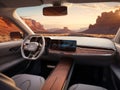 an autonomous driving vehicle on a country road in afternoon light. photorealistic view from inside the vehicle showing a