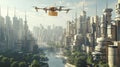 Autonomous drone delivering a package over a contemporary cityscape