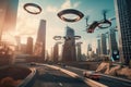 autonomous drone flies over futuristic city, with self-driving vehicles in the background