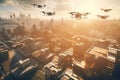 autonomous drones transporting cargo in busy cityscape