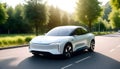 Autonomous electric car. Futuristic vehicle, H2 fuel cell.