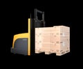 Autonomous forklift carry pallet of goods isolated on black background