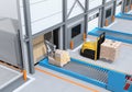 Autonomous forklift carrying pallet of goods in modern logistics center