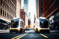 Autonomous futuristic delivery white cars in a city, illustration ai generative