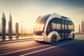 autonomous mini bus carrying passengers on route through modern metropolis