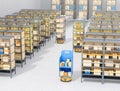 Autonomous Mobile Robots delivering shelves in distribution center. Intelligent logistics center concept