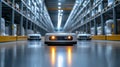 Autonomous mobile robots operating in an automated warehouse at night Royalty Free Stock Photo