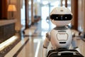 An autonomous robot is available to help guests carry their luggage in hotel corridors