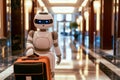 An autonomous robot is available to help guests carry their luggage in hotel corridors