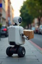 Autonomous robot delivering package on sidewalk, street scene, robotics, shipping