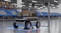 Autonomous robot carrying boxes in a modern warehouse for efficient sorting and delivery Royalty Free Stock Photo