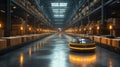 Autonomous robot navigating modern warehouse, surrounded by shelves with boxes and soft lighting