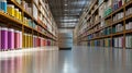 Autonomous robot navigating spacious warehouse with cans of paint, concept of automation