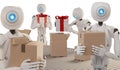 Autonomous robot packs presents in boxes 3d-illustration