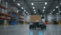 Autonomous robot transporting box through modern warehouse reflecting innovation in logistics automation supply chain efficiency Royalty Free Stock Photo