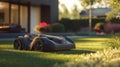 Autonomous robotic lawn mower in a modern backyard