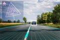 Autonomous self-driving car is recognizing road signs. Computer vision and artificial intelligence concept