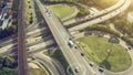 Autonomous Self Driving Cars Concept. Aerial view of cars and buses moving on city intersection and Artificial