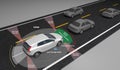 Autonomous self-driving electric car showing Lidar and Safety sensors, 3d rendering