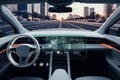 Autonomous self-driving futuristic car without driver. First-person view.. Royalty Free Stock Photo