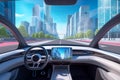 Autonomous self-driving futuristic car without driver. First-person view Royalty Free Stock Photo