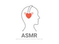 Autonomous sensory meridian response, ASMR logo or icon. Head with heart shaped headphones, enjoying sounds, whisper or music.