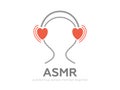 Autonomous sensory meridian response, ASMR logo or icon. Head with heart shaped headphones, enjoying sounds, whisper or music.