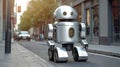Autonomous service robot navigating the sidewalk in an urban environment. Modern smart android. Concept of robotics in