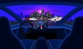 Autonomous Smart Driverless Car Interior Self Driving in Night City Highway Traffic and Skyline Royalty Free Stock Photo
