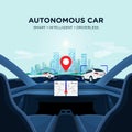 Autonomous Smart Driverless Car Self Driving. Car Interior view on Road with Traffic Royalty Free Stock Photo