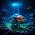 Autonomous sub exploring deep sea on an exoplanet, alien corals glowing Royalty Free Stock Photo