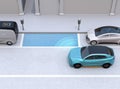 Autonomous SUV is parallel parking into parking lot at roadside