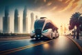 autonomous transport vehicle moving on smooth road in futuristic city