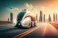 autonomous transport vehicle moving on smooth road in futuristic city