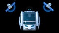 Autonomous transportation pod, electric self-driving vehicle with two satellites on black background, futuristic car, front view