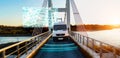Autonomous transporter Car driving on a bridge highway with technology assistant tracking information, showing details